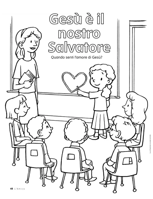 Pagina da colorare raffigurante un’insegnante con i bambini di una classe della Primaria e una bambina che disegna un cuore alla lavagna