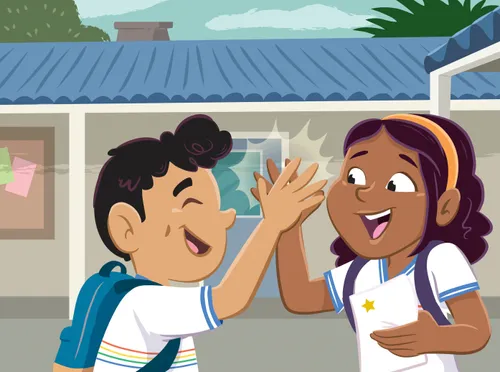 Margo holding a paper with a gold star on it and high-fiving Paolo