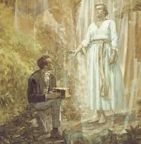 Joseph Smith kneeling on one knee and holding the gold plates as he looks up at the angel Moroni, who has appeared to him. Foreground and background depict plant and tree foliage.