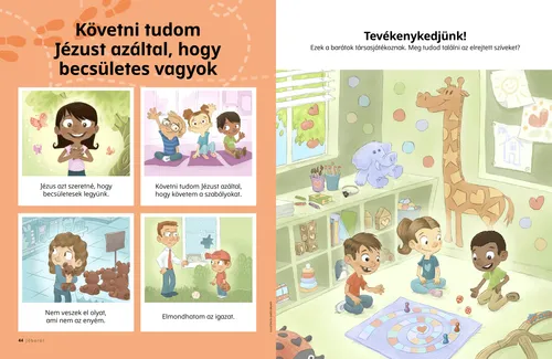 PDF-oldal: egy mosolygós lány, három gyermek, akik matracokon ülnek felemelt kézzel, üzletben a kezében plüss mackót tartó lány, baseballozó fiú egy törött ablak mellett; valamint egy elrejtett szívecskés tevékenység