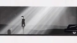 A black and white illustration of a man visiting a graveside