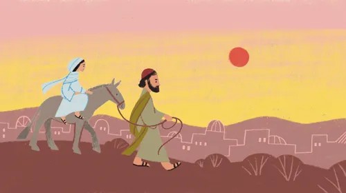 Joseph and Mary traveling to Bethlehem