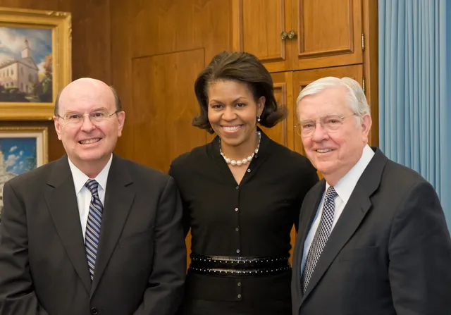 Elder M. Russell Ballard and Elder Quentin L. Cook meet with Michelle Obama.