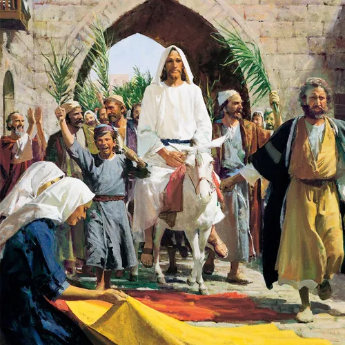Christ riding a donkey into Jerusalem as followers celebrate