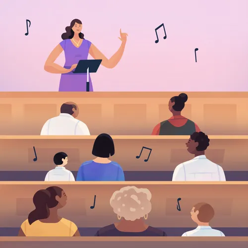 a woman conducts the congregation while singing a hymn during sacrament meeting