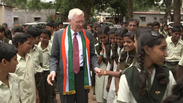 Elder Christofferson greeted students at Kamalabai Joshi School in Kenjal, India, August 15, 2017.
