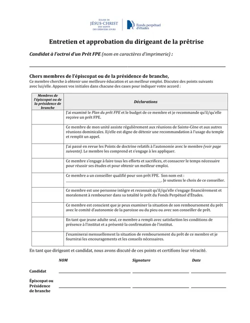 Formulaire d’entretien et d’approbation