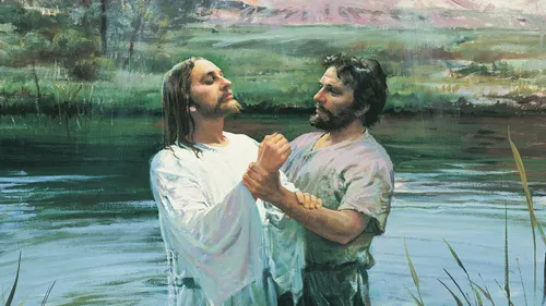Jesus Christ being baptized by John the Baptist in the River Jordan