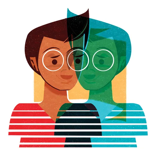 young man wearing glasses and color-inverted image of himself