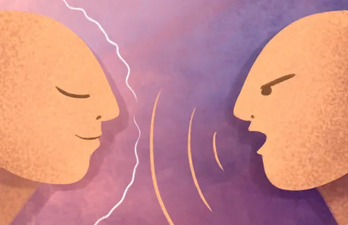 an angry figure speaking to a peaceful and unbothered figure