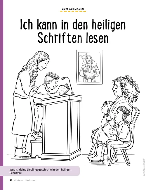 Ausmalbild von einem Jungen, der in der PV eine Schriftstelle vorliest