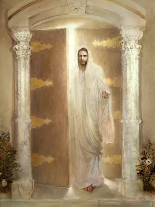 Jesus beckoning in a doorway