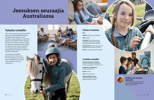 PDF-sivu, jossa tyttö perheensä kanssa, pyhiä kirjoituksia lukemassa ja hevosen kanssa