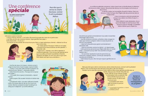 Page au format PDF sur laquelle on voit une fillette avec sa famille regardant la conférence générale et passant du temps ensemble