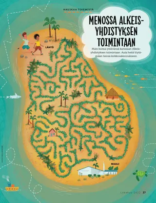 Tropical island maze leading to church building