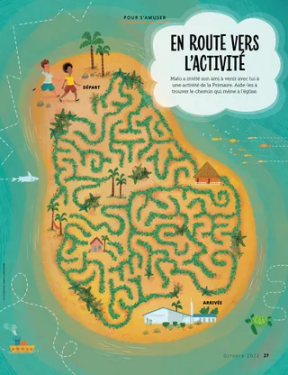 Tropical island maze leading to church building