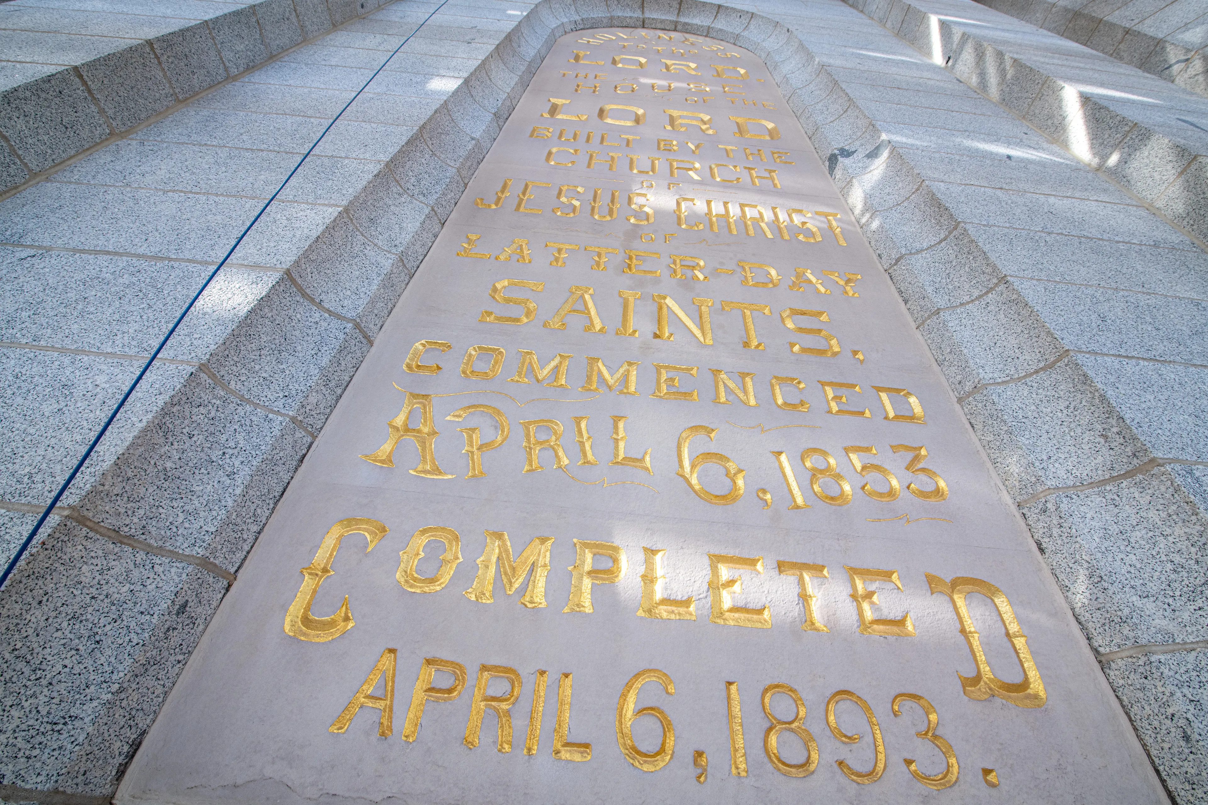 Images of the exterior of Temple Square while it is undergoing renovation. The images were taken on January 11 and 12, 2022. This shows the 'Holiness to the Lord' sign etched into the exterior of the temple. © undefined ipCode 1.