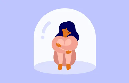 an illustrated woman sitting under a glass dome and looking sad