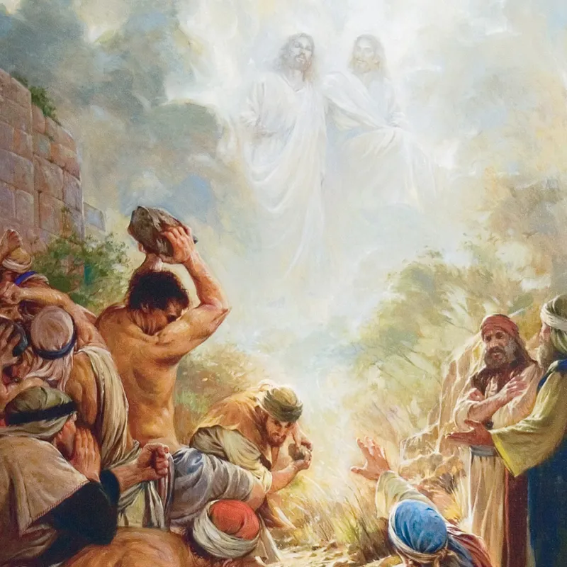 Stephen, being stoned for his belief in Jesus Christ, teaching blessed are the persecuted