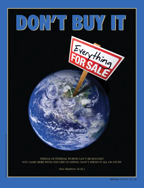 A poster showing an image of the earth from space with a sign that reads “Everything for sale,” paired with the words “Don't Buy It.”