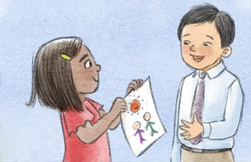 girl showing picture to boy