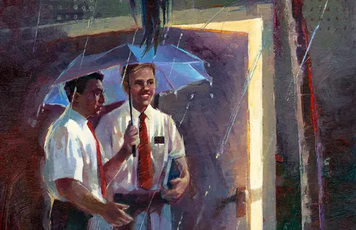 illustration of missionaries standing at a door in the rain