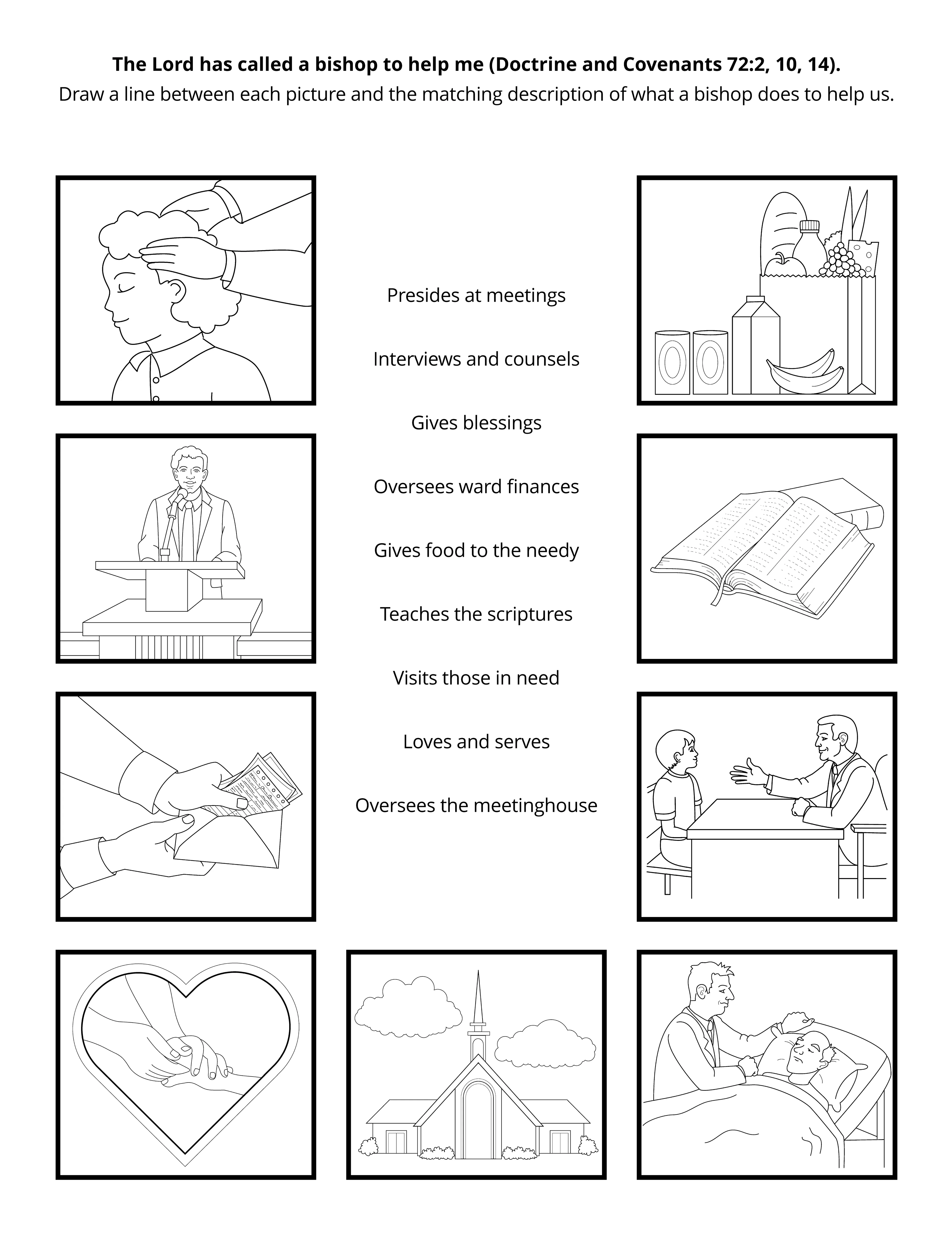 Line art illustration depicts nine ways the bishop blesses his people.