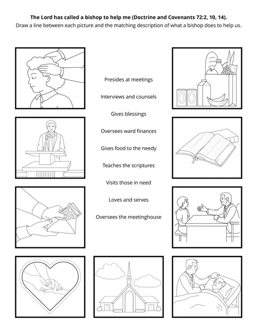 Line art illustration depicts nine ways the bishop blesses his people set in boxes to make a matching game.