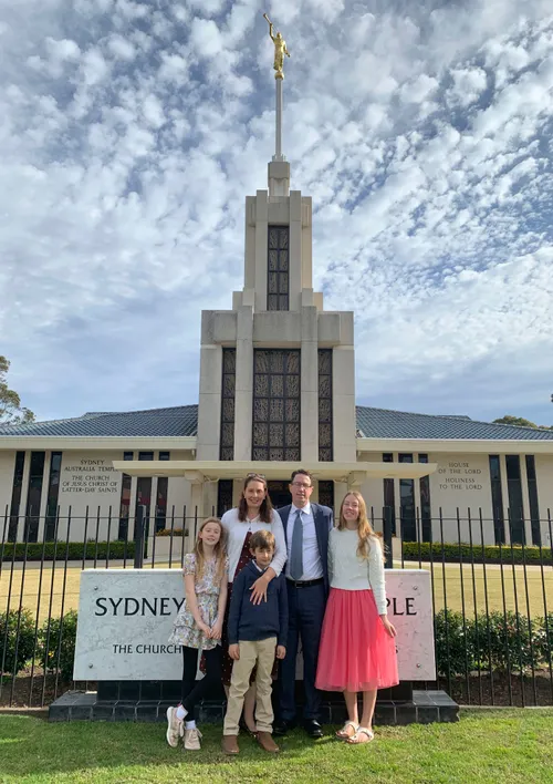 A family in front of the temple