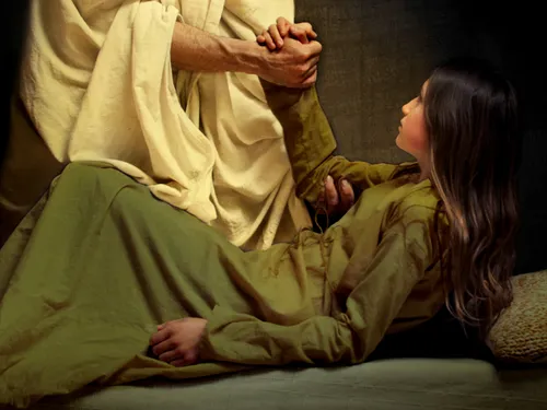 Jesus raising girl from bed