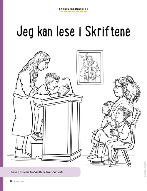 Fargeleggingsside av en gutt som leser et skriftsted i Primær