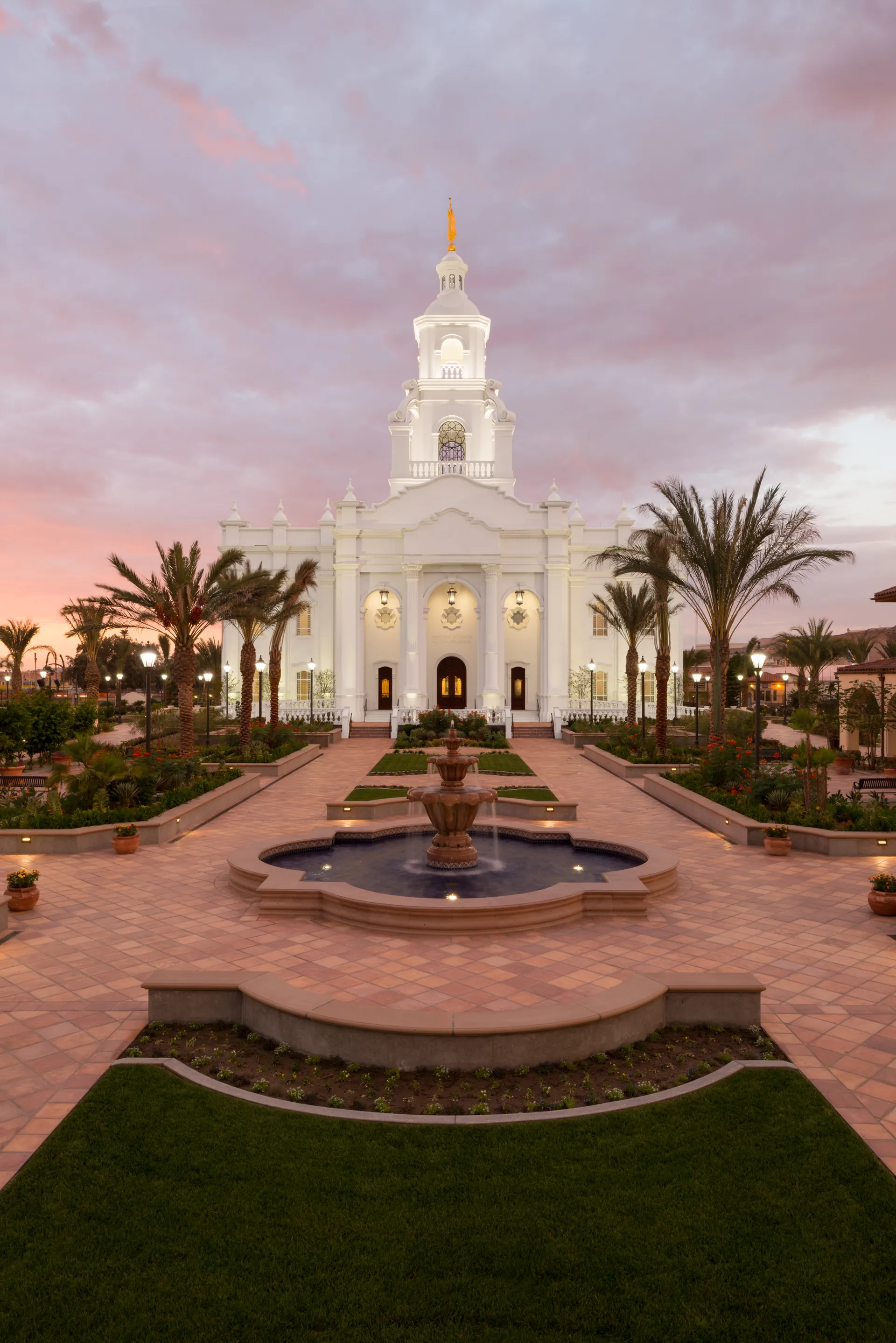 Exterior of the Tijuana Mexico temple at dusk.