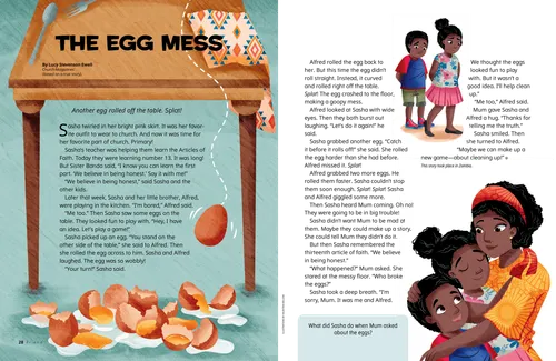 Story PDF with images of eggs broken on the ground, sad children, and a happy family