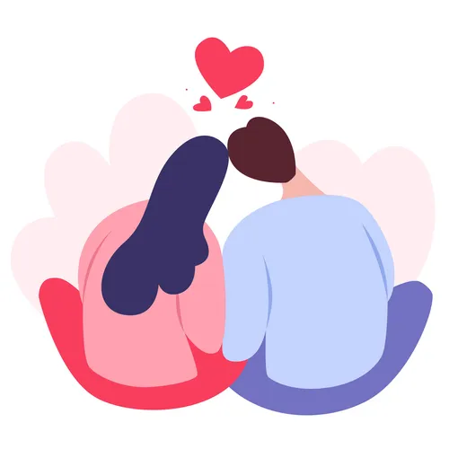 an illustration of two young adults sitting together with hearts over their heads