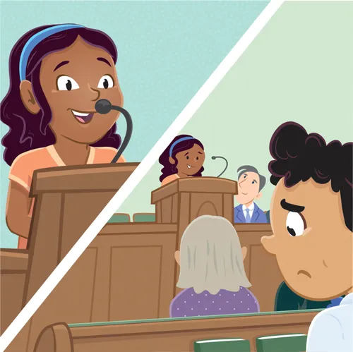 Margo bearing her testimony at the pulpit while Paolo watches sadly