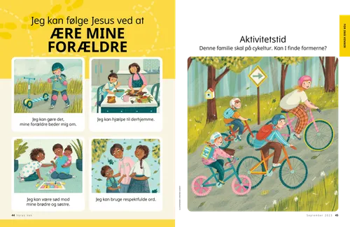 PDF-side med illustrationer af børn, der kører på løbehjul med hjelm, hjælper med at tilberede et måltid, spiller et brætspil med familien og går udenfor med forældre; plus en aktivitet til at finde figurer i en illustration af en familie på en cykeltur