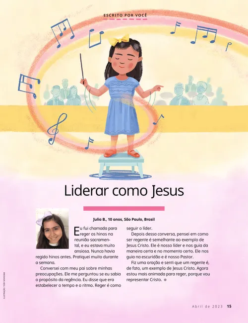 Página em PDF com uma ilustração de uma menina regendo um hino