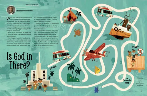 Page PDF of a maze with illustrations of a family traveling to a temple on different types of transportation