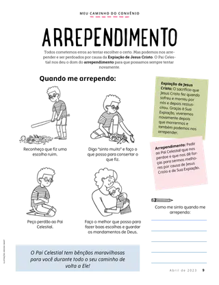 Página em PDF com ilustrações de um menino quebrando um vaso com uma bola de beisebol, limpando a bagunça, orando e abraçando sua mãe