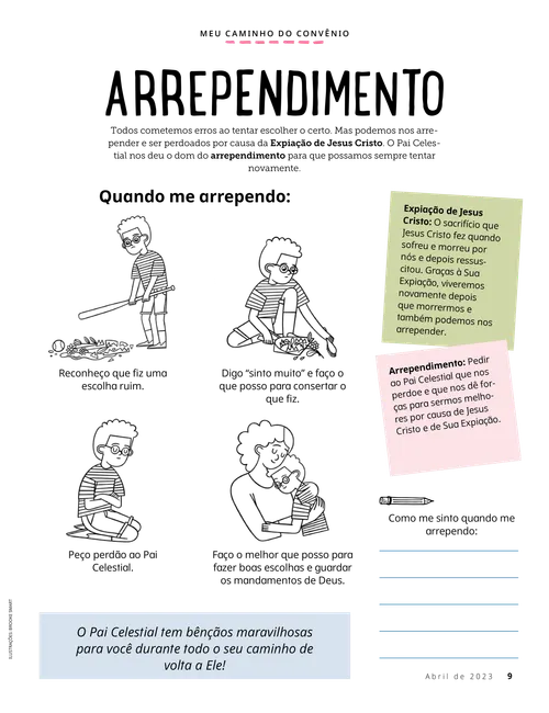 Página em PDF de uma criança passando pelos passos do arrependimento depois de quebrar um vaso; além de uma atividade escrita