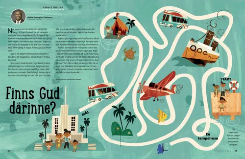 Pdf med en labyrint som har illustrationer av en familj som färdas till ett tempel med olika slags transportmedel.