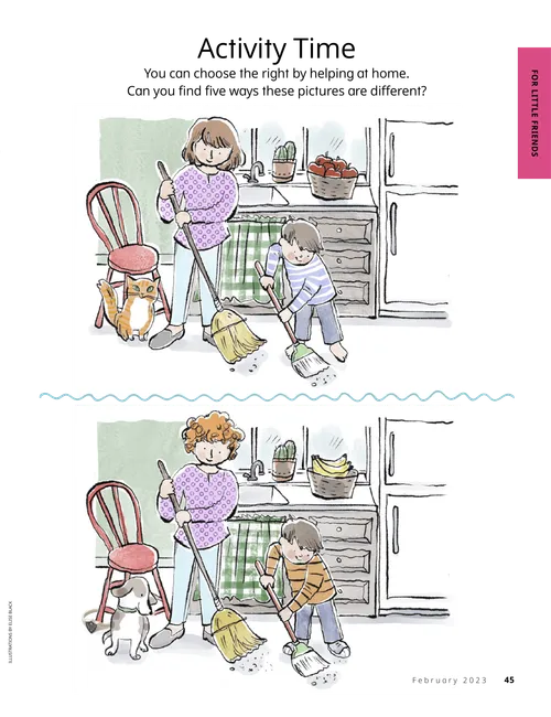 Page PDF with illustrations of a boy and a woman sweeping a kitchen floor, plus an activity to find the differences