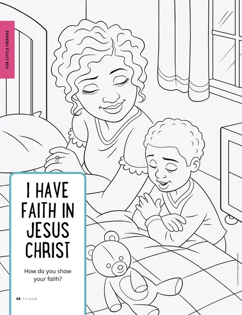 Coloring page PDF of a woman and boy kneeling by a bed to pray