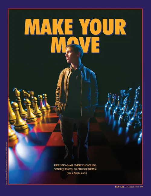 A conceptual photograph of a young man standing on a large chessboard with game pieces on either side, paired with the words “Make Your Move."