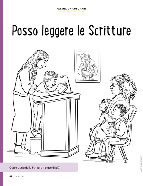 Pagina da colorare con un bambino che legge un passo delle Scritture in Primaria