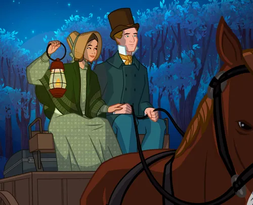 Emma and Joseph Smith riding a horse-drawn carriage into the woods.