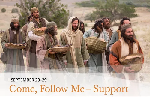 Jesus walking with disciples carrying baskets of bread