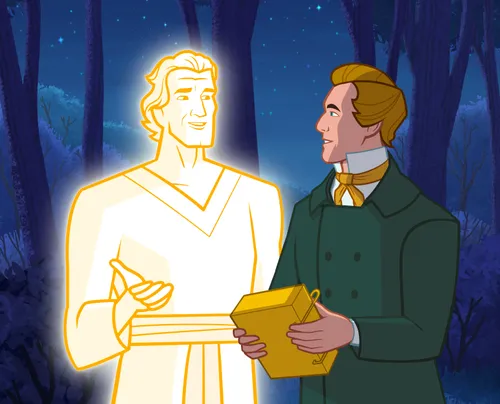 Moroni gives the gold plates to Joseph Smith.