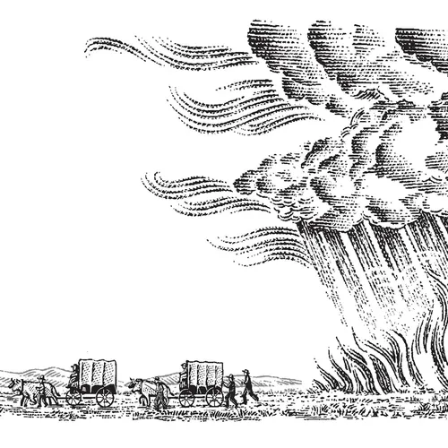 wagon train on the prairie being threatened by a fire that is being doused by a sudden storm