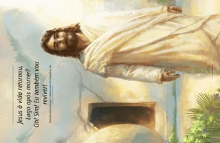 Jesus Cristo ressuscitado em pé do lado de fora do sepulcro